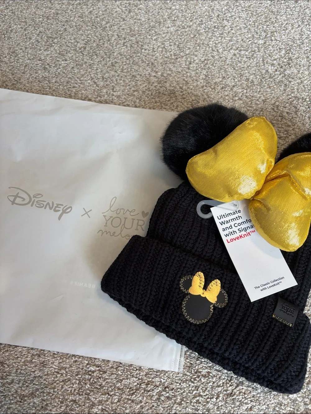 Disney Love Your Melon Kids Black Beanie with Gold Bow and Black Pom Poms